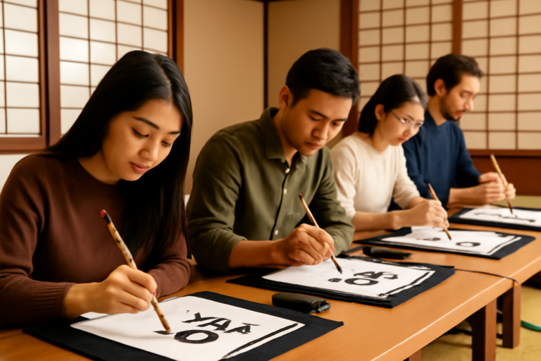 Người nước ngoài tham gia trải nghiệm thư pháp Nhật Bản tại Kyoto